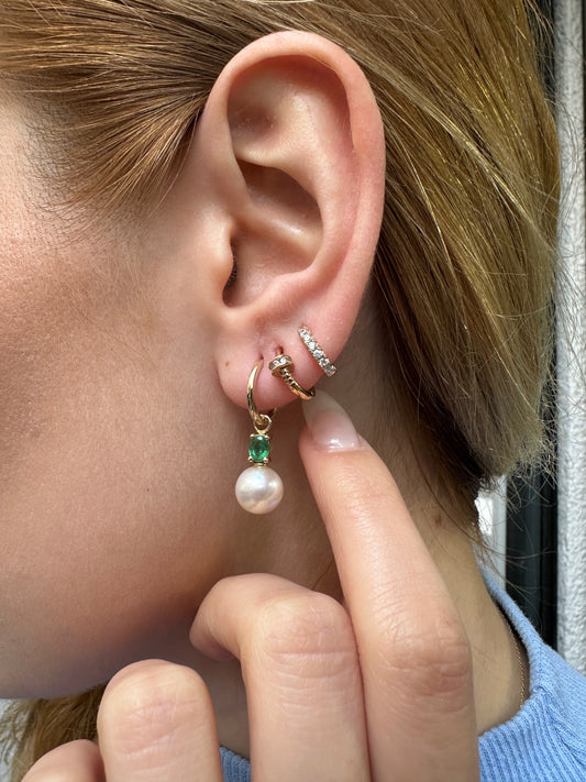 Pearl Necklace with Oval Emerald Set in 14K Solid Gold Bridal Jewelry Set of Pearl Necklace and Earrings Dangle Hoops for Wedding