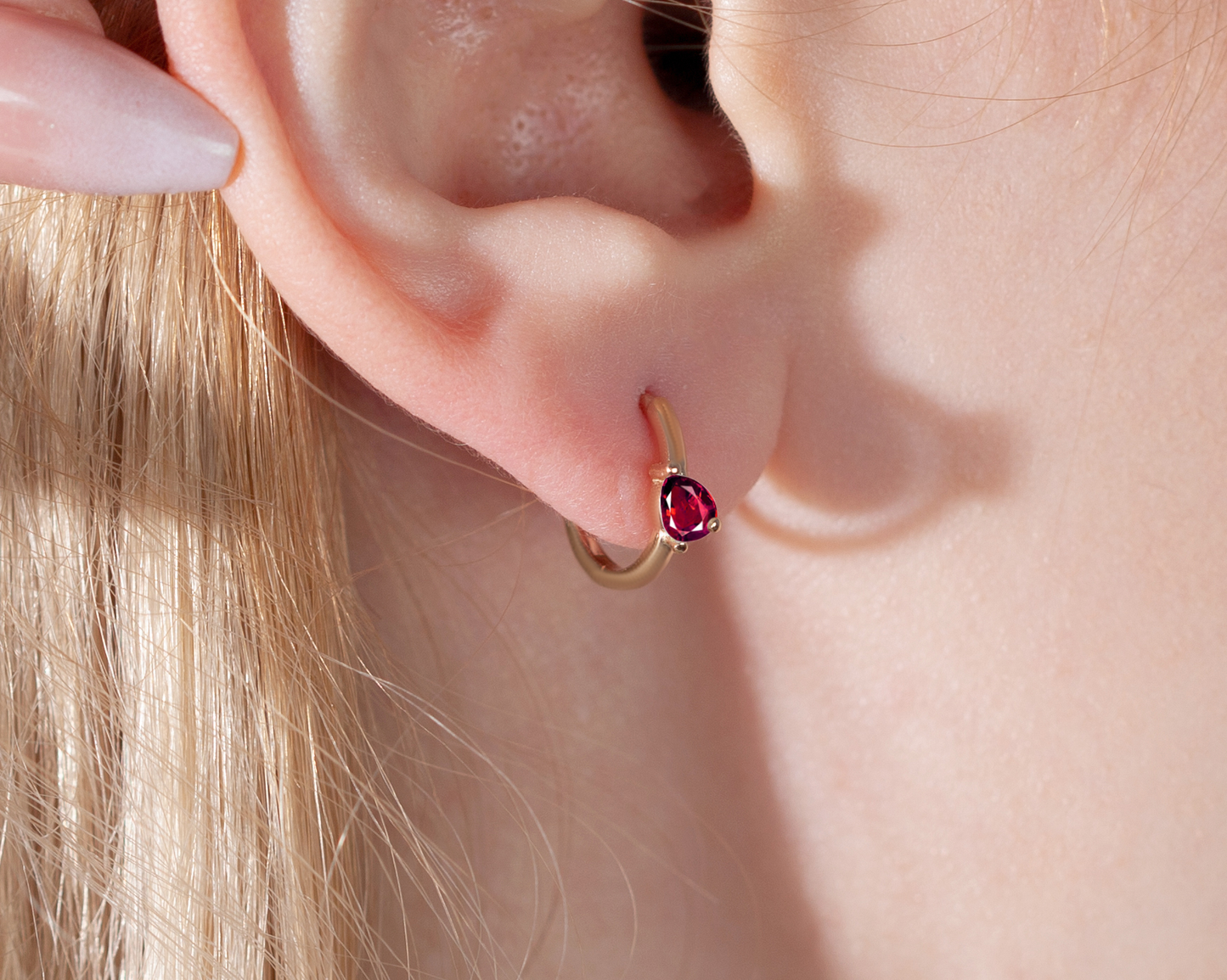 Drop Cut Ruby Earring with Cross Standing Design Huggies Hoop Single Earring in 14K Yellow-White-Rose Solid Gold