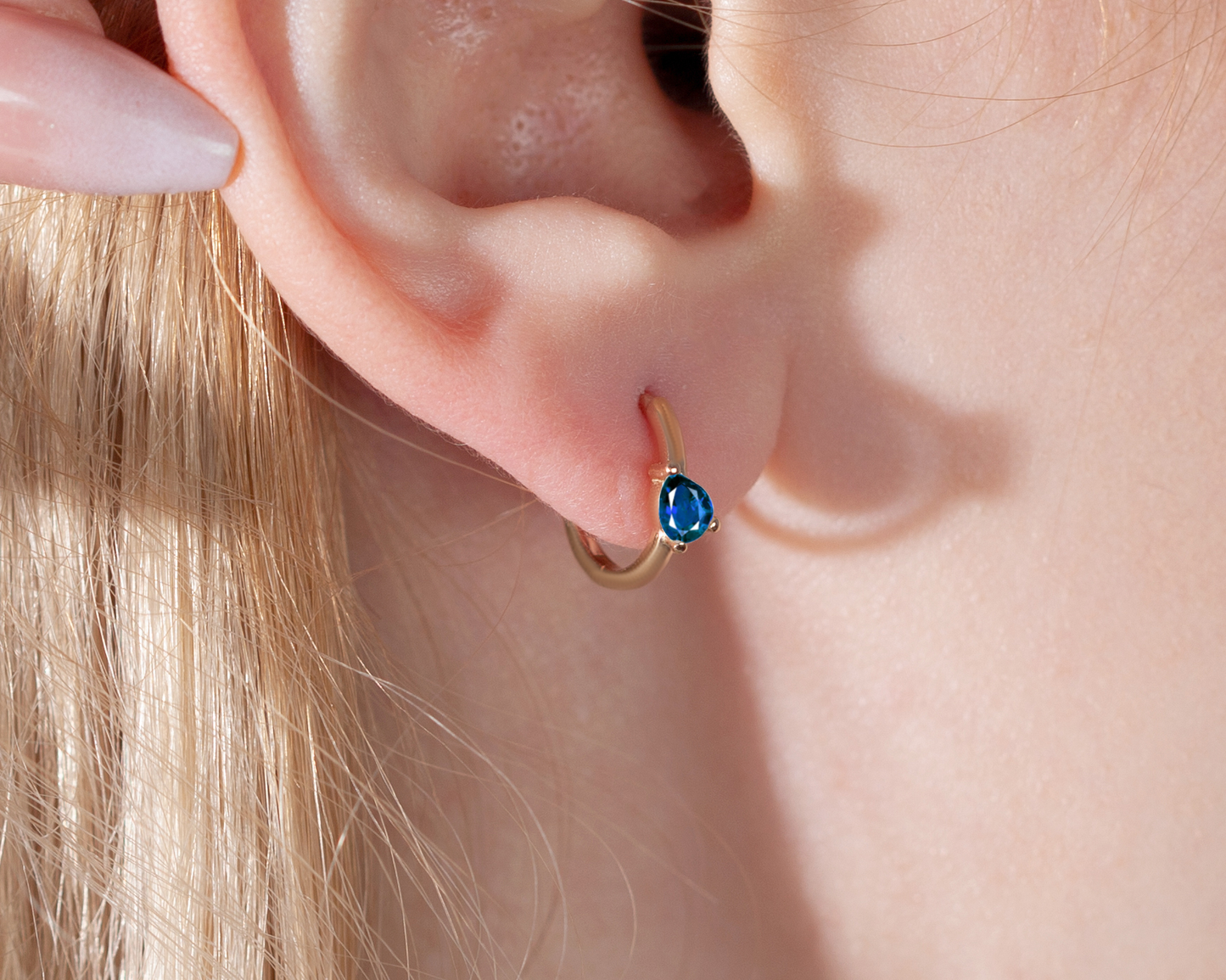 Drop Cut Cross Standing Sapphire Earring Hoop Single Earring in 14K Yellow-White-Rose Solid Gold Huggies Earring