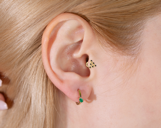 Triangle Shaped Piercing with Black Diamond Screw Back Piercing in 14K White-Yellow-Rose Solid Gold Piercing 16G(1.2 mm)