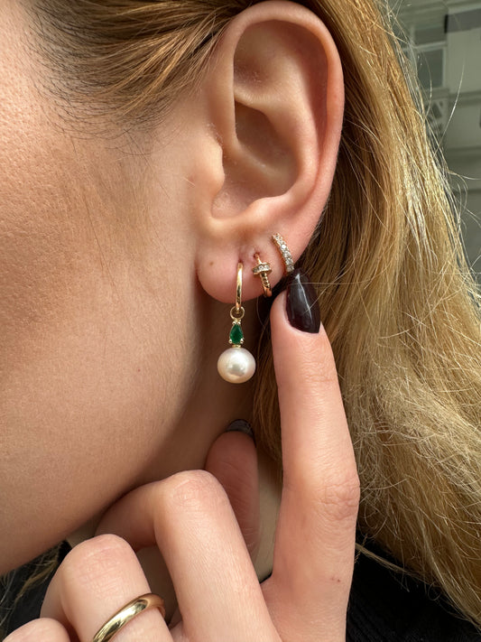 Pearl Earrings with Pear Cut Emerald Dangle Hoops in 14K Solid Gold Pearl Earring for Bridal Jewelry Wedding Earrings | LE00080PE
