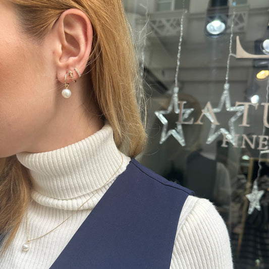 Pearl Drop Earrings Gold Dangle Hoop Earrings for Women Earring in 14K Solid Gold Hoops with Natural Pearl for Bridal Jewelry | LE00077P