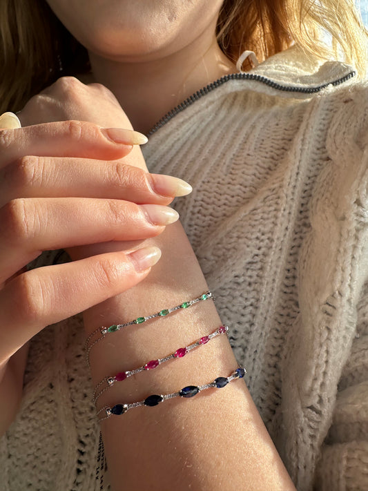 Dainty Minimalist Bracelet with Marquise Emerald and Tiny Diamond Bracelets in 14K Solid Gold Bracelet for Women