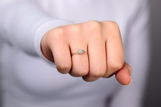 Multi-Stone Rings in 14K Yellow-White-Rose Solid Gold Ring with Opal and Diamond Minimal Ring For Her