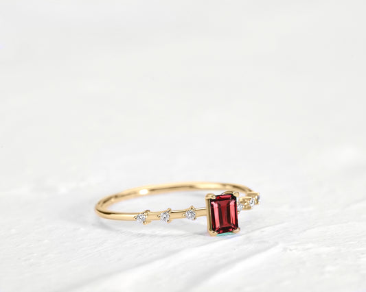 Dainty Ring Ruby Baguette cut with Sprinkled Diamonds 14K Gold | LR00057DR