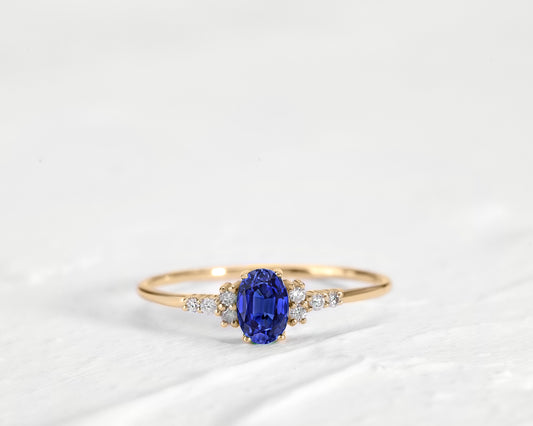 Sapphire Oval Cut with Sprinkled Diamonds 14K Solid Yellow Gold Ring | LR00054DS