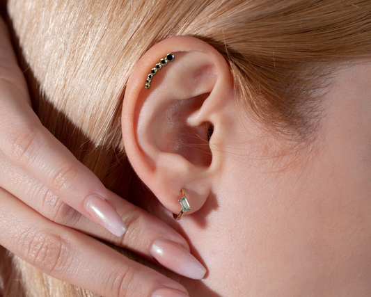 Cartilage Helix Piercing with Bezel Set Black Diamond Piercing in 14K White-Yellow-Rose Solid Gold Celtic Piercing 16G(1.2mm)