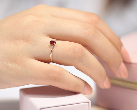 Dainty Ring, Oval cut Ruby with 4 Diamonds, 14K Gold | LR00058DR