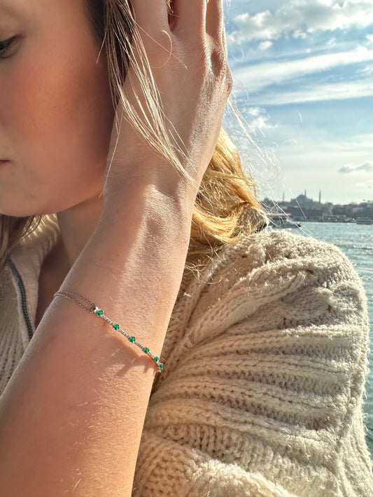 Thin Chain Bracelet with Green Garnet and Tiny Diamond Bracelets in 14K Solid Gold Bracelet for Women