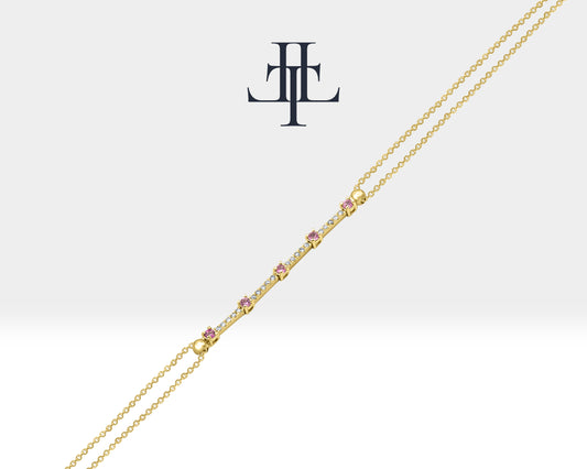 Thin Chain Bracelet with Pink Sapphire and Tiny Diamond Bracelets in 14K Solid Gold Bracelet for Women