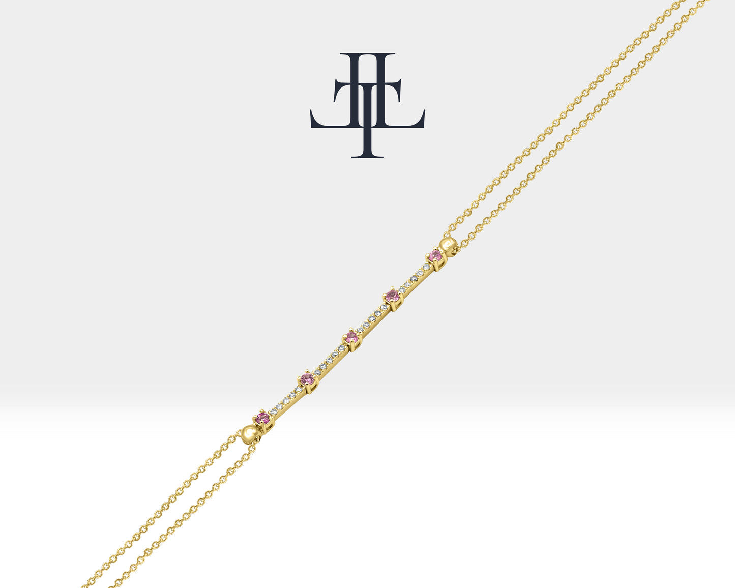 Thin Chain Bracelet with Pink Sapphire and Tiny Diamond Bracelets in 14K Solid Gold Bracelet for Women