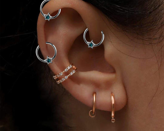 Star Hoop Clicker with Blue Topaz in 14K Solid Gold,Cartilage Hoop Piercing,16G,10mm