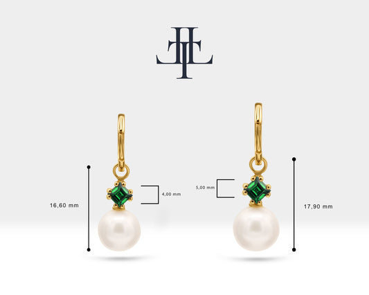Pearl Earrings in 14K Yellow Solid Gold Earring with Pearl and Princess cut Emerald Huggies Hoop Earring for Wedding Jewelry | LE00078PE