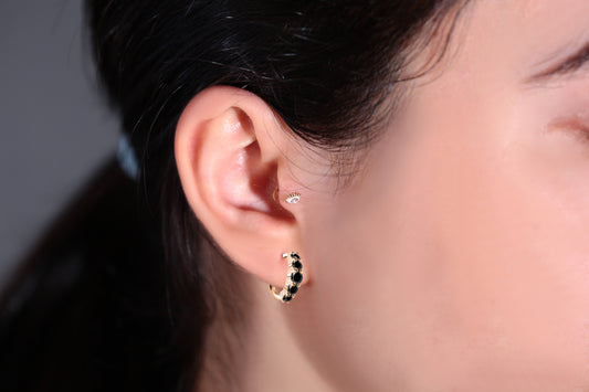 Cartilage Hoop Earring with Five Black Diamond Design Earring in 14K Yellow Solid Gold Earring