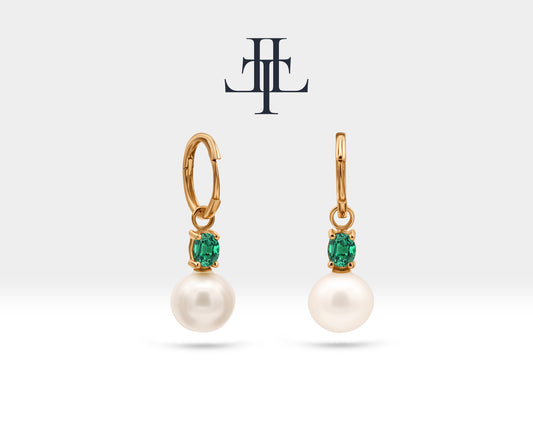 Pearl Earring with Emerald Huggies Hoop in 14K Solid Gold Bridal Jewelry Earrings Dangle Hoops for Wedding| LE00079PE