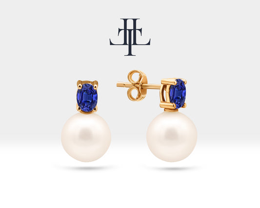 Pearl Earrings with Oval Cut Sapphire Earring in 14K Solid Gold Stud Earrings for Women Wedding Jewelry | LES00005PS