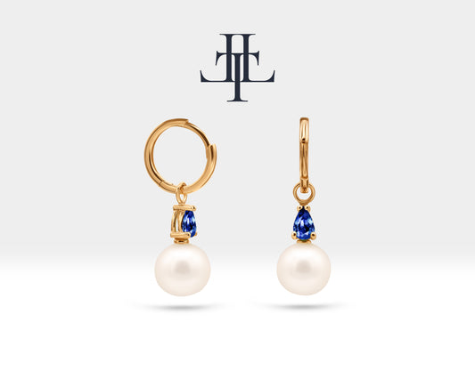 Pearl Earrings with Pear Cut Sapphire Dangle Hoops in 14K Solid Gold Pearl Earring for Bridal Jewelry Wedding Earrings | LE00080PS