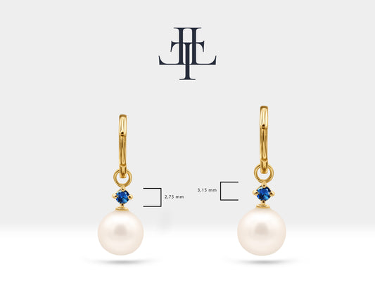 Bridal Jewelry with Round Cut Sapphire Earrings in 14K Solid Gold Dangle Hoop Pearl Earrings for Women Wedding Jewelry