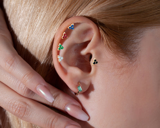 Cartilage Tragus Piercing with Round Cut Green Garnet Piercing in 14K White-Yellow-Rose Solid Gold 16G(1.2mm)