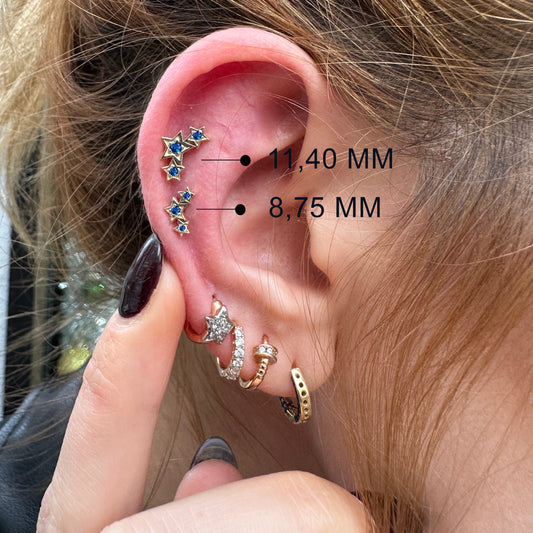 Triple Star Piercing with Sapphire Screw Back Piercing in 14K Solid Gold Celestial Cartilage Piercing 16G(1.2mm)