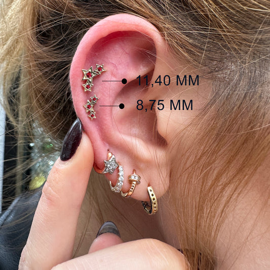 Triple Star Piercing with Ruby Screw Back Piercing in 14K Solid Gold Celestial Cartilage Piercing 16G(1.2mm)