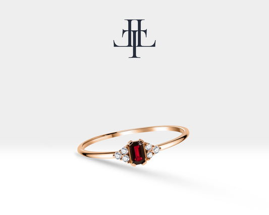 14K Yellow Solid Gold Band,Multi Stone Ring,Baguette Cut Ruby and Diamond Ring