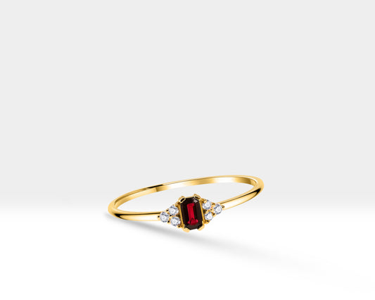 14K Yellow Solid Gold Band,Multi Stone Ring,Baguette Cut Ruby and Diamond Ring