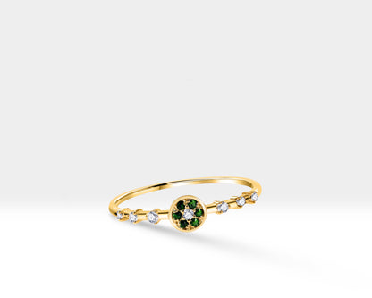 14K Yellow Solid Gold Ring,Multi Stone Ring,Halo Setting Round Cut Green Garnet with Diamond Ring,Dainty Gold Ring,Rings For Women