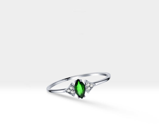 14K Yellow Gold Ring,Gold Band Ring,Marquise Cut Emerald and Diamond Ring