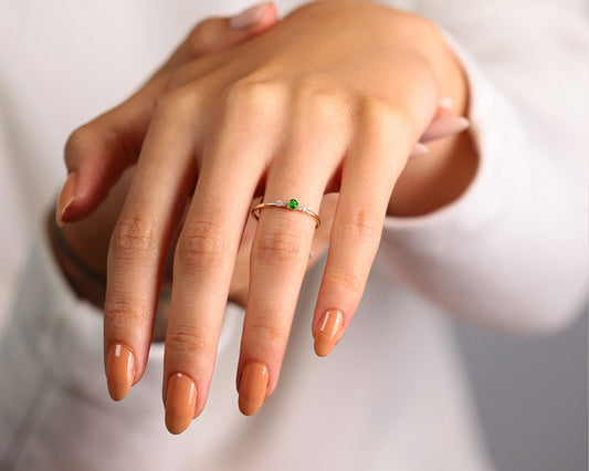 14K Yellow Solid Gold Multi Stone Ring,Natural Green Garnet with Diamond Ring,Dainty Gold Ring For Women