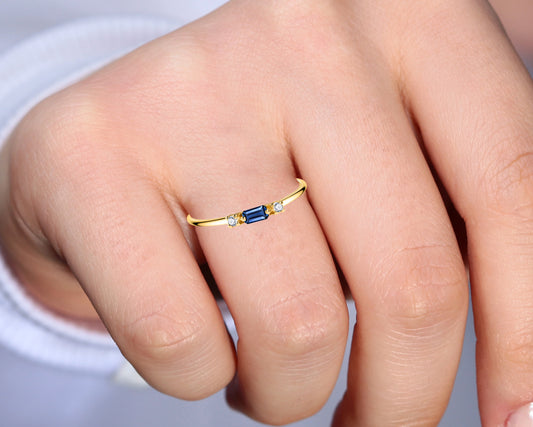 14K Yellow Solid Gold Band,Multi Stone Ring,Baguette Cut Sapphire and Diamond Ring