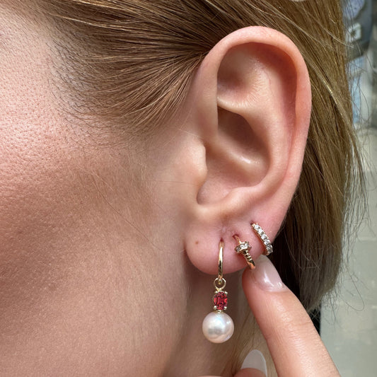 Pearl Earring with Oval Cut Ruby Huggies Hoop in 14K Solid Gold Bridal Jewelry Earrings Dangle Hoops for Wedding | LE00079PR