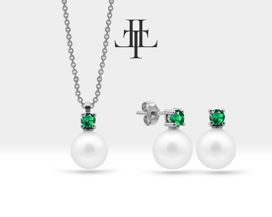 Bridal Jewelry Set of Pearl Earrings and Necklace Set in 14K Solid Gold Jewelry Set with Emerald and Natural Pearl Stud Earrings | LS00014PE