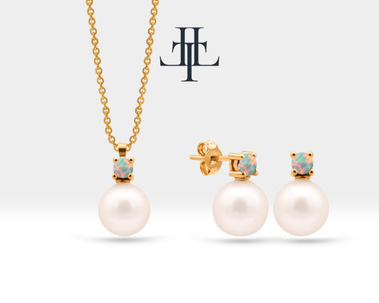 Bridal Jewelry Set of Pearl Earrings and Necklace Set in 14K Solid Gold Jewelry Set with Opal and Natural Pearl Stud Earrings | LS00014PO
