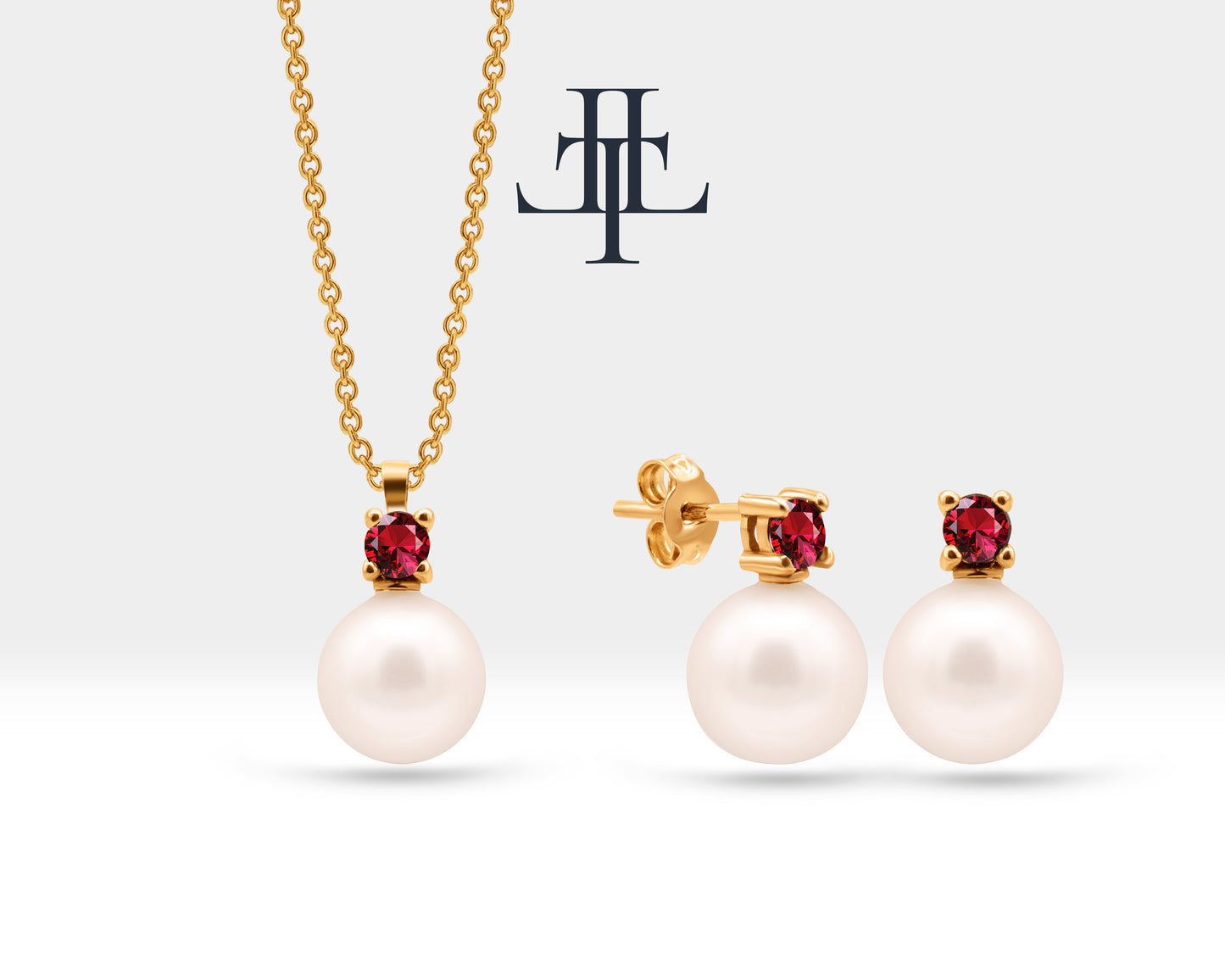 Bridal Jewelry Set of Pearl Earrings and Necklace Set in 14K Solid Gold Jewelry Set with Ruby and Natural Pearl Stud Earrings | LS00014PR