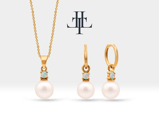Bridal Jewelry Set of Pearl Earrings and Necklace Set in 14K Solid Gold Jewelry Set with Opal and Natural Pearl Earrings | LS00015PO