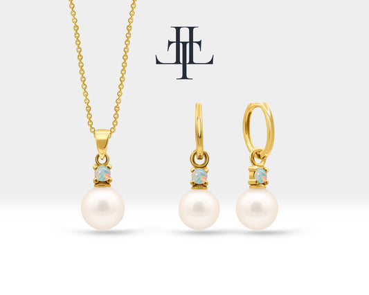 Bridal Jewelry Set of Pearl Earrings and Necklace Set in 14K Solid Gold Jewelry Set with Opal and Natural Pearl Earrings | LS00015PO