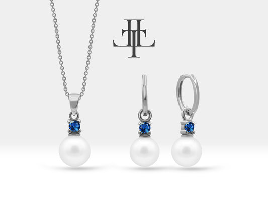 Bridal Jewelry Set of Pearl Earrings and Necklace Set in 14K Solid Gold Jewelry Set with Sapphire and Natural Pearl Earrings | LS00015PS