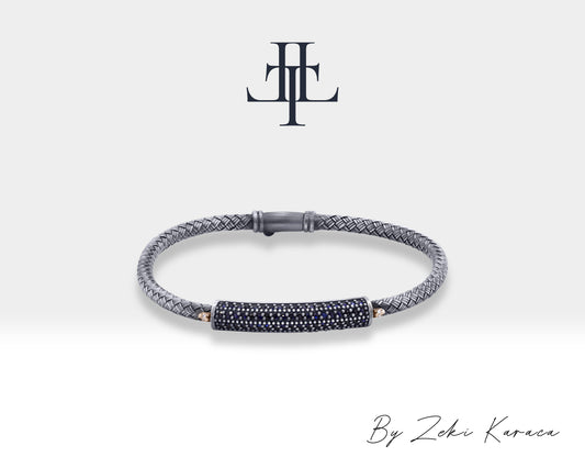 Straw Braided Lined with Sapphire and Mini Skull Design Handmade Silver Bracelet | ZB00012DS