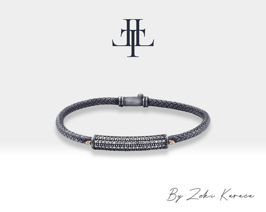 Straw Braided Lined with Diamonds and Mini Skull Design Handmade Silver Bracelet | ZB00013D