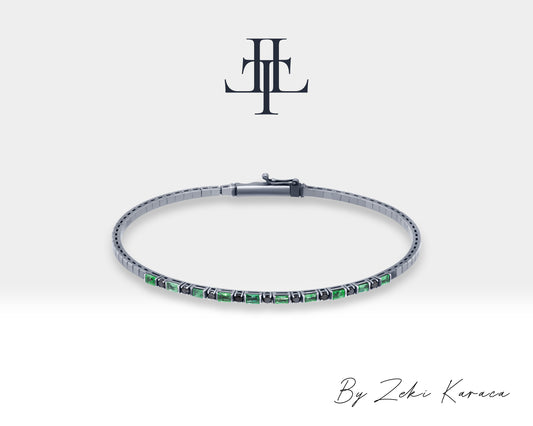 Handmade Silver Bracelet with Natural Emerald and Black Diamond | ZB00024EB