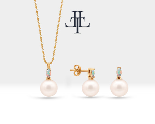 14K Solid Gold Necklace and Earrings Set with Pearl and Marquise Cut Opal Necklace Earring Set for Bridal Jewelry Set