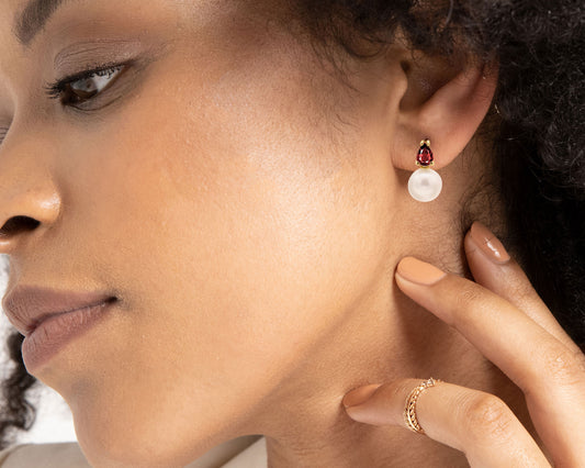 Pearl Earrings in 14K Solid Gold Pearl Earring with Pear Cut Ruby Stud Earrings for Bridal Jewelry | LES00004PR
