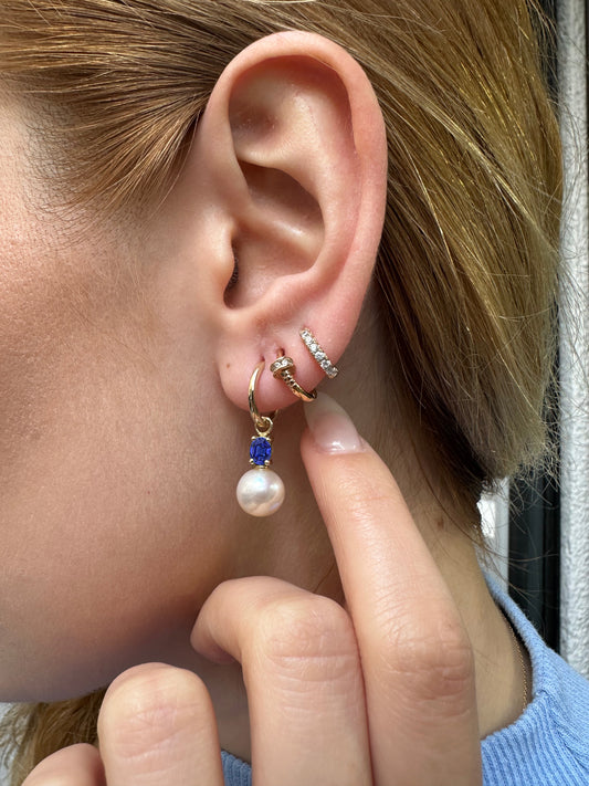 Pearl Earring with Oval Cut Sapphire Huggies Hoop in 14K Solid Gold Bridal Jewelry Earrings Dangle Hoops for Wedding | LE00079PS