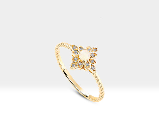 Round Opal and Diamond Flower Model Rose Gold 14K Handmade Minimal Ring