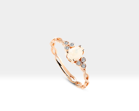 Drop Opal and Diamond Spiral Desing Gold 14K Handmade Minimal Ring