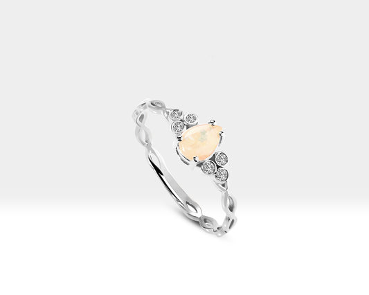 Drop Opal and Diamond Spiral Desing Gold 14K Handmade Minimal Ring