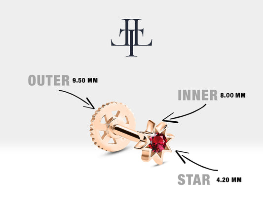 Star Design Round Cut Ruby Cartilage and Tragus Piercing 16 G/1.2 mm