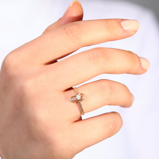14K Yellow Solid Gold Round Cut Opal And Diamond Hand of Fatima Design Ring | LR00013DO