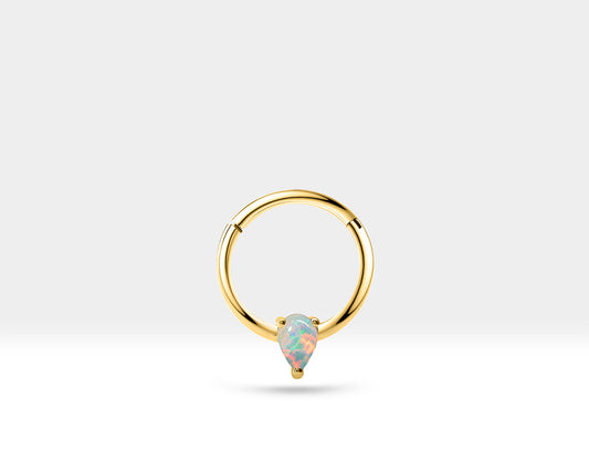 Cartilage Hoop , Pear Cut Opal Clicker Piercing ,  Single Earring , 14K Solid Gold